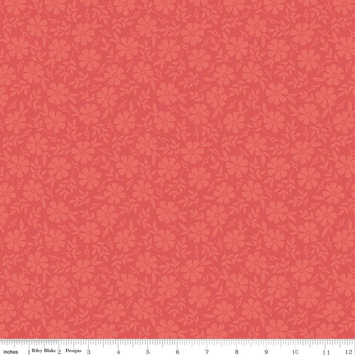 Image of Orchard House Tonal Flowers Coral quilting cotton fabric by Heather Peterson for Riley Blake Designs. Features flowers on a pink background. Cute Little Fabric Shop.