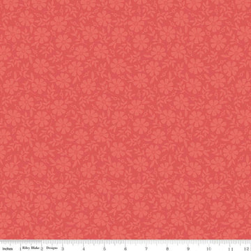 Image of Orchard House Tonal Flowers Coral quilting cotton fabric by Heather Peterson for Riley Blake Designs. Features flowers on a pink background. Cute Little Fabric Shop.