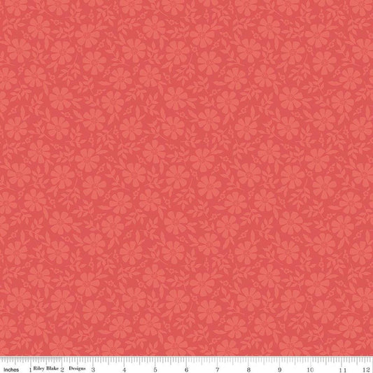 Image of Orchard House Tonal Flowers Coral quilting cotton fabric by Heather Peterson for Riley Blake Designs. Features flowers on a pink background. Cute Little Fabric Shop.