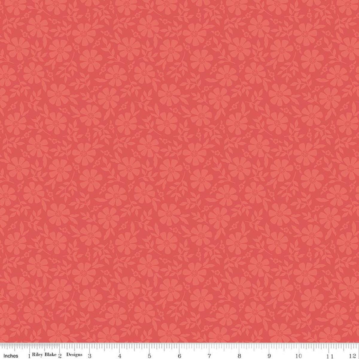 Image of Orchard House Tonal Flowers Coral quilting cotton fabric by Heather Peterson for Riley Blake Designs. Features flowers on a pink background. Cute Little Fabric Shop.