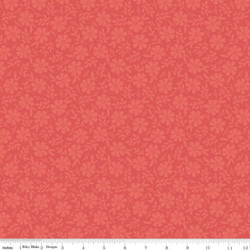 Image of Orchard House Tonal Flowers Coral quilting cotton fabric by Heather Peterson for Riley Blake Designs. Features flowers on a pink background. Cute Little Fabric Shop.