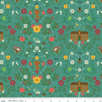 Image of Orchard House Homestead Teal quilting cotton fabric by Heather Peterson for Riley Blake Designs. Features flowers on a blue background. Cute Little Fabric Shop.