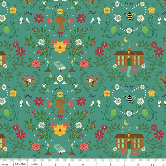 Image of Orchard House Homestead Teal quilting cotton fabric by Heather Peterson for Riley Blake Designs. Features flowers on a blue background. Cute Little Fabric Shop.