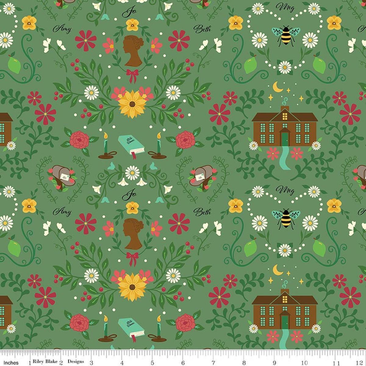 Image of Orchard House Homestead Green quilting cotton fabric by Heather Peterson for Riley Blake Designs. Features flowers on a green background. Cute Little Fabric Shop.