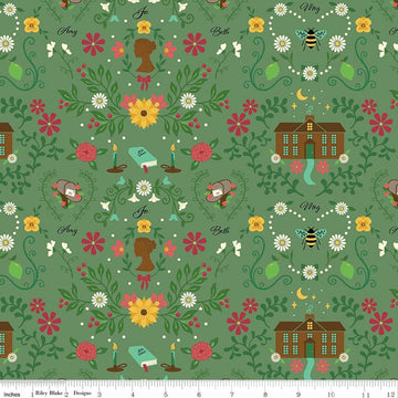 Image of Orchard House Homestead Green quilting cotton fabric by Heather Peterson for Riley Blake Designs. Features flowers on a green background. Cute Little Fabric Shop.