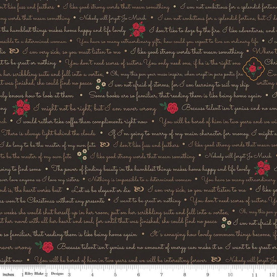Image of Orchard House Text Black quilting cotton fabric by Heather Peterson for Riley Blake Designs. Features words and flowers on a black background. Cute Little Fabric Shop.
