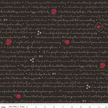 Image of Orchard House Text Black quilting cotton fabric by Heather Peterson for Riley Blake Designs. Features words and flowers on a black background. Cute Little Fabric Shop.