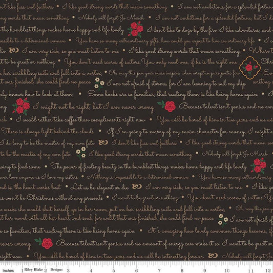 Image of Orchard House Text Black quilting cotton fabric by Heather Peterson for Riley Blake Designs. Features words and flowers on a black background. Cute Little Fabric Shop.