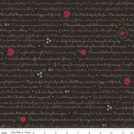 Image of Orchard House Text Black quilting cotton fabric by Heather Peterson for Riley Blake Designs. Features words and flowers on a black background. Cute Little Fabric Shop.