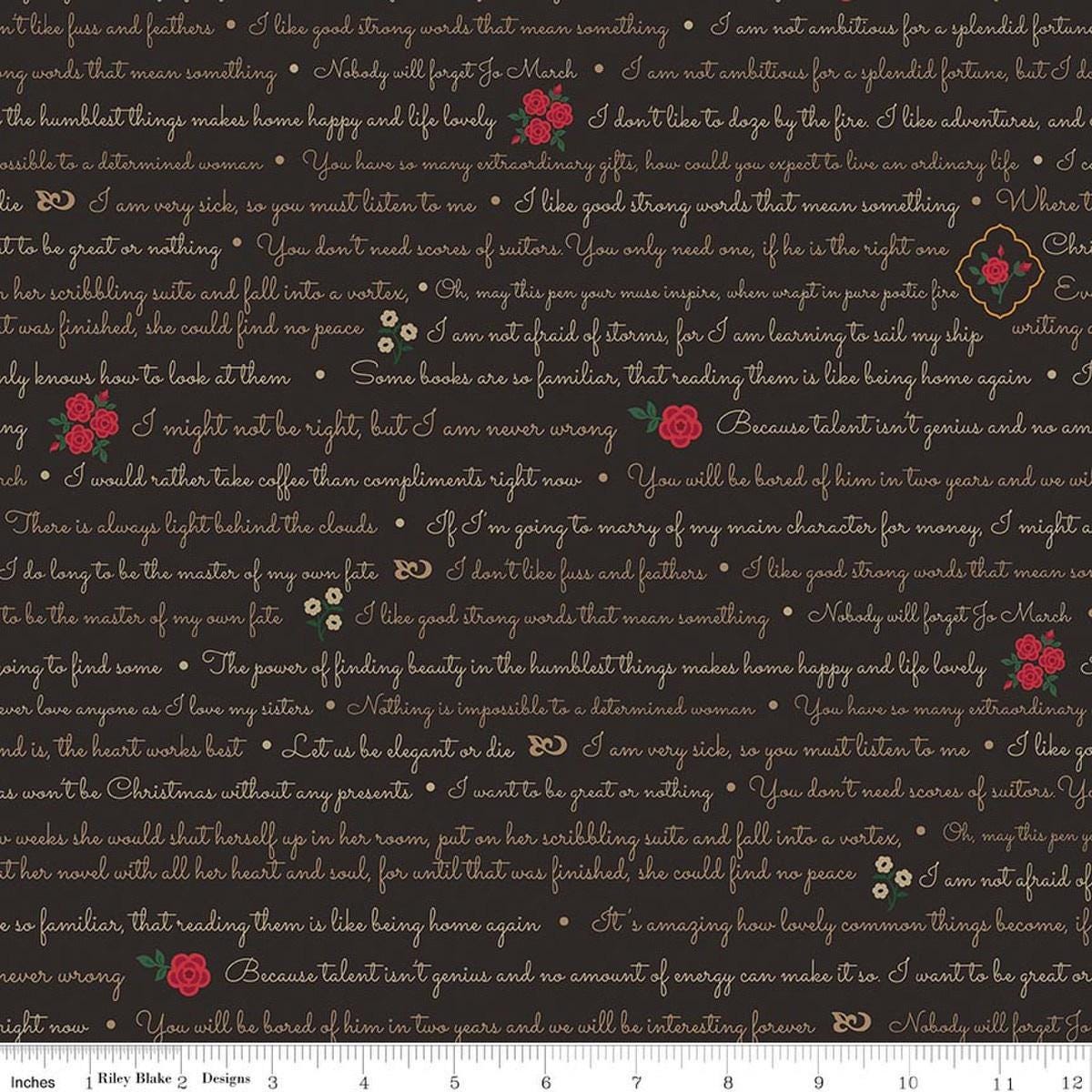 Image of Orchard House Text Black quilting cotton fabric by Heather Peterson for Riley Blake Designs. Features words and flowers on a black background. Cute Little Fabric Shop.