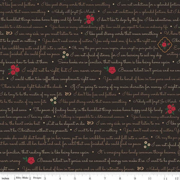 Image of Orchard House Text Black quilting cotton fabric by Heather Peterson for Riley Blake Designs. Features words and flowers on a black background. Cute Little Fabric Shop.