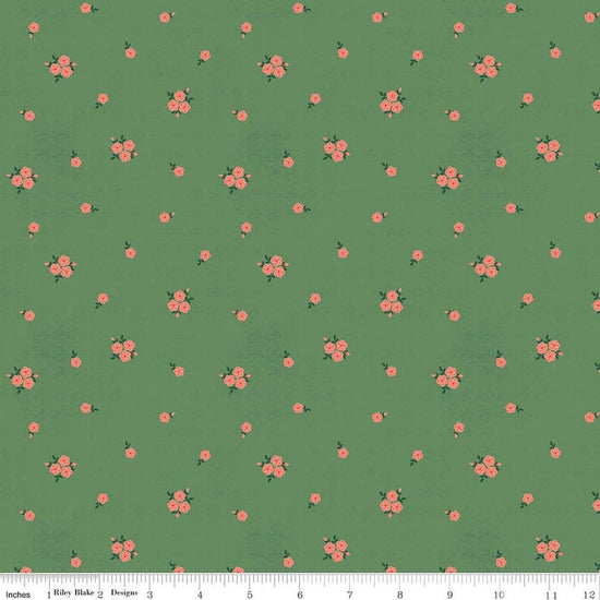Image of Orchard House Rose Clusters Green quilting cotton fabric by Heather Peterson for Riley Blake Designs. Features flowers on a green background. Cute Little Fabric Shop.