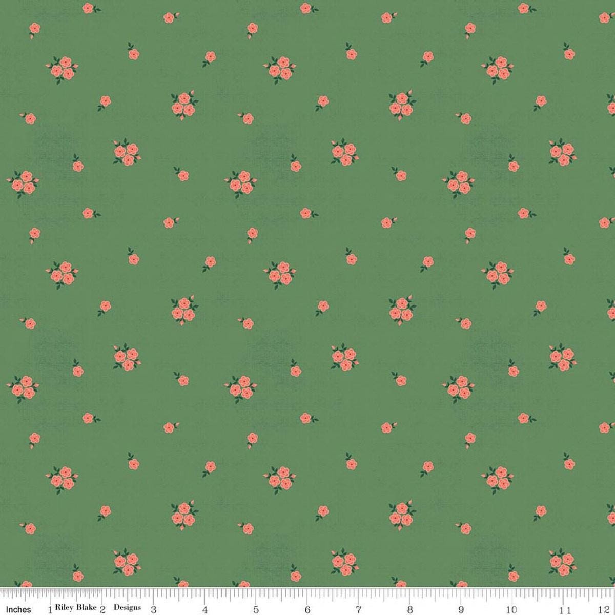 Image of Orchard House Rose Clusters Green quilting cotton fabric by Heather Peterson for Riley Blake Designs. Features flowers on a green background. Cute Little Fabric Shop.