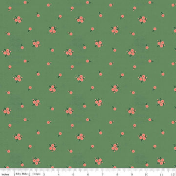 Image of Orchard House Rose Clusters Green quilting cotton fabric by Heather Peterson for Riley Blake Designs. Features flowers on a green background. Cute Little Fabric Shop.