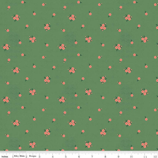 Image of Orchard House Rose Clusters Green quilting cotton fabric by Heather Peterson for Riley Blake Designs. Features flowers on a green background. Cute Little Fabric Shop.