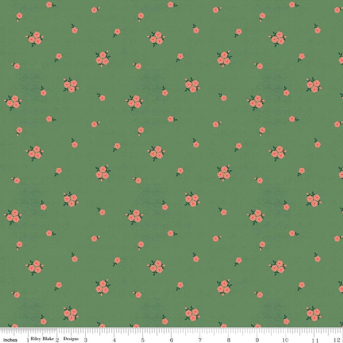 Image of Orchard House Rose Clusters Green quilting cotton fabric by Heather Peterson for Riley Blake Designs. Features flowers on a green background. Cute Little Fabric Shop.