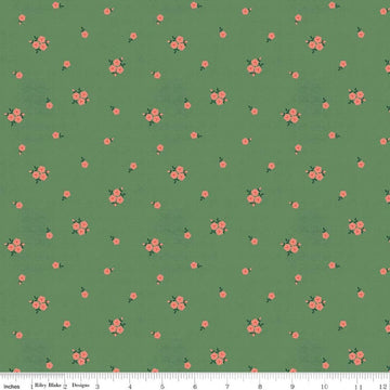 Image of Orchard House Rose Clusters Green quilting cotton fabric by Heather Peterson for Riley Blake Designs. Features flowers on a green background. Cute Little Fabric Shop.