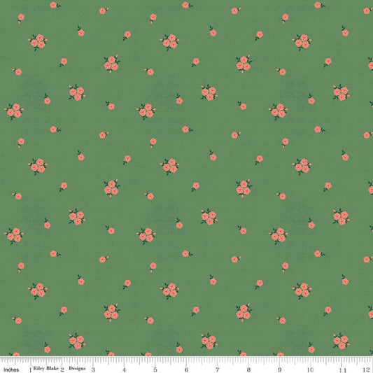 Image of Orchard House Rose Clusters Green quilting cotton fabric by Heather Peterson for Riley Blake Designs. Features flowers on a green background. Cute Little Fabric Shop.