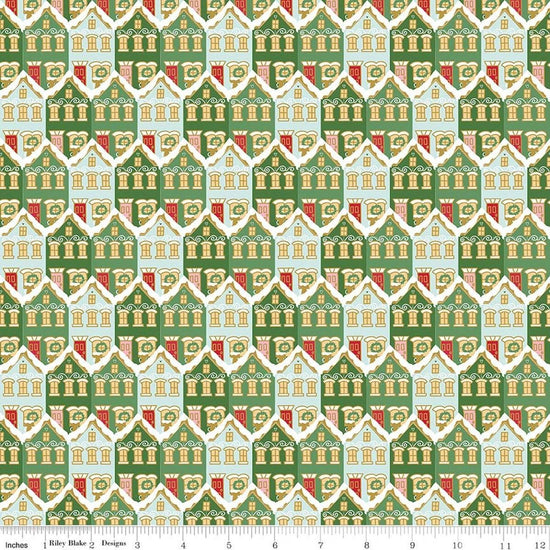 Image of Claus & Co. Christmas Houses Green Sparkle quilting cotton fabric by Melissa Mortenson for Riley Blake Designs. Features houses on a green background. Cute Little Fabric Shop.
