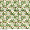 Image of Claus & Co. Christmas Houses Green Sparkle quilting cotton fabric by Melissa Mortenson for Riley Blake Designs. Features houses on a green background. Cute Little Fabric Shop.