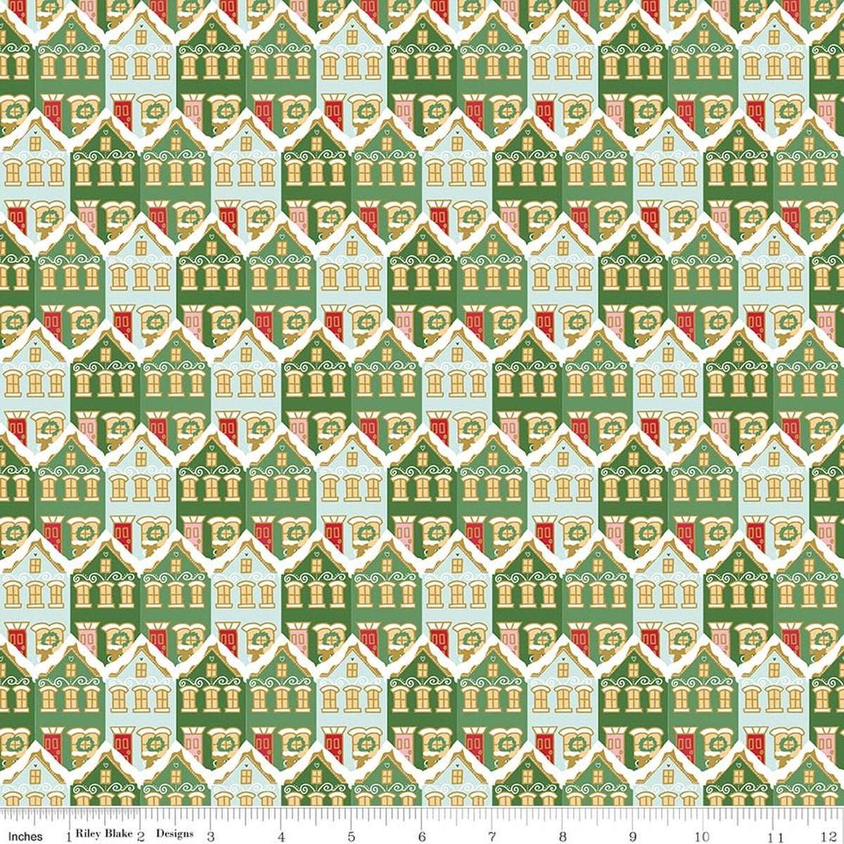 Image of Claus & Co. Christmas Houses Green Sparkle quilting cotton fabric by Melissa Mortenson for Riley Blake Designs. Features houses on a green background. Cute Little Fabric Shop.
