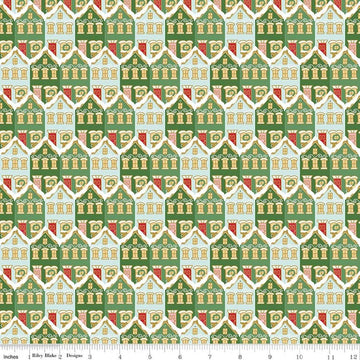 Image of Claus & Co. Christmas Houses Green Sparkle quilting cotton fabric by Melissa Mortenson for Riley Blake Designs. Features houses on a green background. Cute Little Fabric Shop.