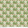 Image of Claus & Co. Christmas Houses Green Sparkle quilting cotton fabric by Melissa Mortenson for Riley Blake Designs. Features houses on a green background. Cute Little Fabric Shop.