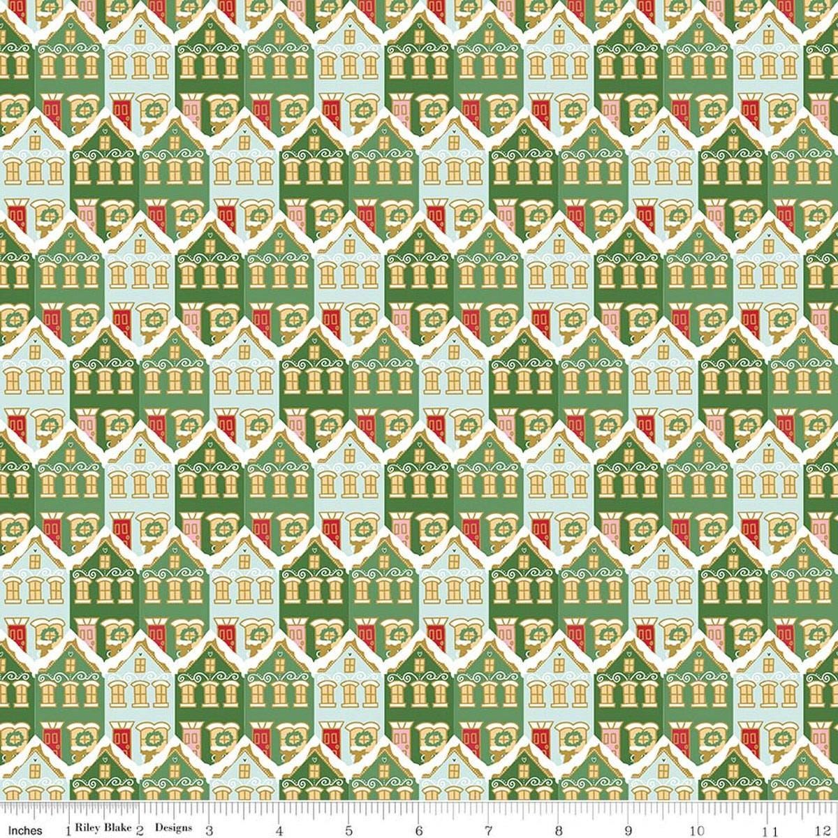 Image of Claus & Co. Christmas Houses Green Sparkle quilting cotton fabric by Melissa Mortenson for Riley Blake Designs. Features houses on a green background. Cute Little Fabric Shop.