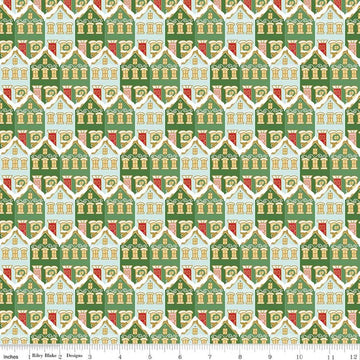Image of Claus & Co. Christmas Houses Green Sparkle quilting cotton fabric by Melissa Mortenson for Riley Blake Designs. Features houses on a green background. Cute Little Fabric Shop.