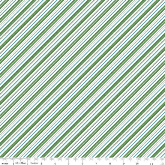 Image of Claus & Co. Candy Cane Stripes Green quilting cotton fabric by Melissa Mortenson for Riley Blake Designs. Features stripes on a green background. Cute Little Fabric Shop.