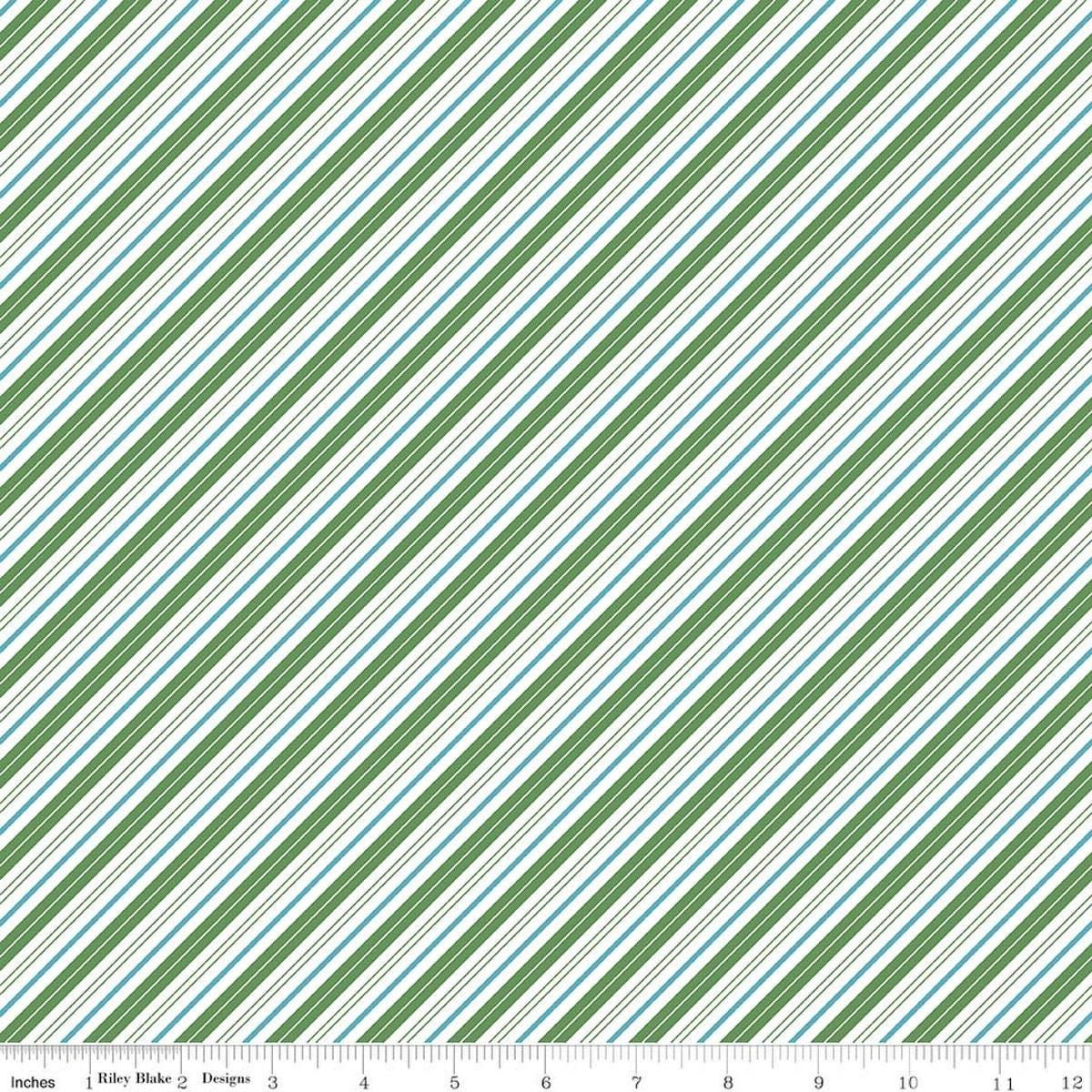 Image of Claus & Co. Candy Cane Stripes Green quilting cotton fabric by Melissa Mortenson for Riley Blake Designs. Features stripes on a green background. Cute Little Fabric Shop.