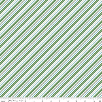 Image of Claus & Co. Candy Cane Stripes Green quilting cotton fabric by Melissa Mortenson for Riley Blake Designs. Features stripes on a green background. Cute Little Fabric Shop.