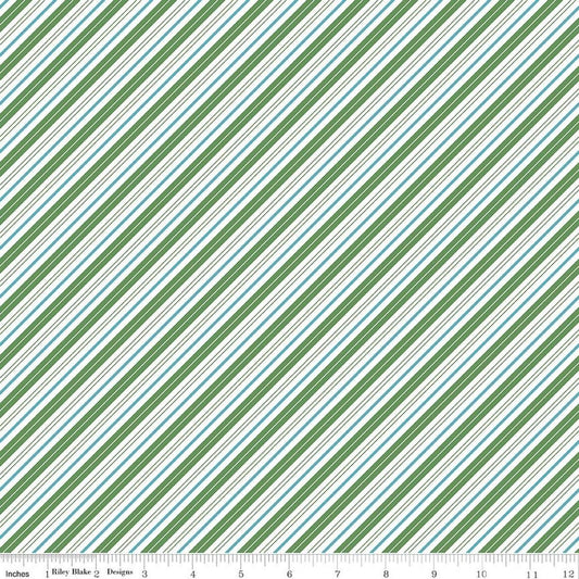 Image of Claus & Co. Candy Cane Stripes Green quilting cotton fabric by Melissa Mortenson for Riley Blake Designs. Features stripes on a green background. Cute Little Fabric Shop.