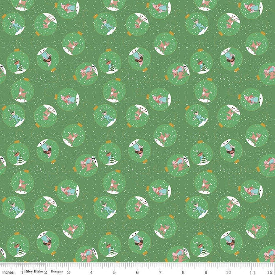 Image of Claus & Co. Ornaments Green quilting cotton fabric by Melissa Mortenson for Riley Blake Designs. Features ornaments on a green background. Cute Little Fabric Shop.