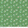 Image of Claus & Co. Ornaments Green quilting cotton fabric by Melissa Mortenson for Riley Blake Designs. Features ornaments on a green background. Cute Little Fabric Shop.