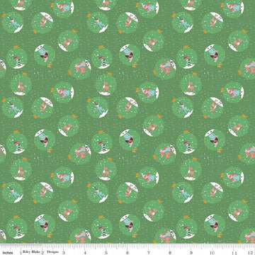 Image of Claus & Co. Ornaments Green quilting cotton fabric by Melissa Mortenson for Riley Blake Designs. Features ornaments on a green background. Cute Little Fabric Shop.