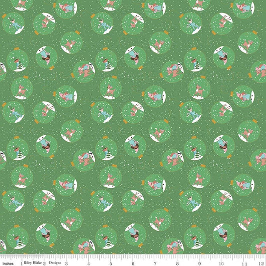 Image of Claus & Co. Ornaments Green quilting cotton fabric by Melissa Mortenson for Riley Blake Designs. Features ornaments on a green background. Cute Little Fabric Shop.