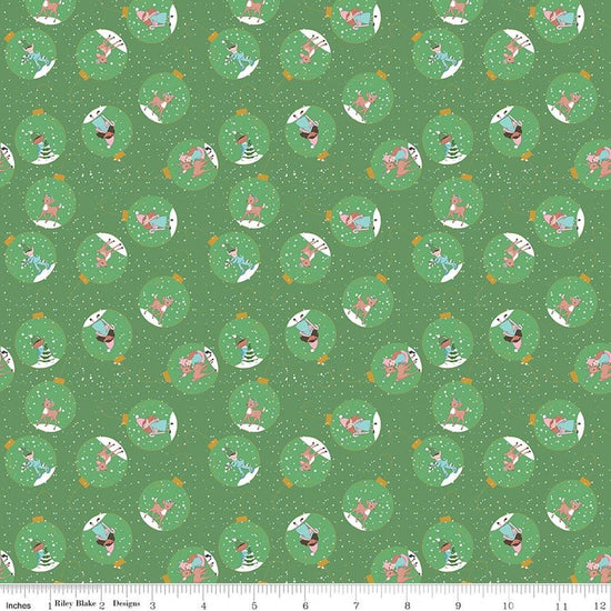 Image of Claus & Co. Ornaments Green quilting cotton fabric by Melissa Mortenson for Riley Blake Designs. Features ornaments on a green background. Cute Little Fabric Shop.