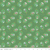Image of Claus & Co. Ornaments Green quilting cotton fabric by Melissa Mortenson for Riley Blake Designs. Features ornaments on a green background. Cute Little Fabric Shop.