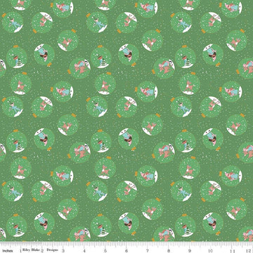 Image of Claus & Co. Ornaments Green quilting cotton fabric by Melissa Mortenson for Riley Blake Designs. Features ornaments on a green background. Cute Little Fabric Shop.