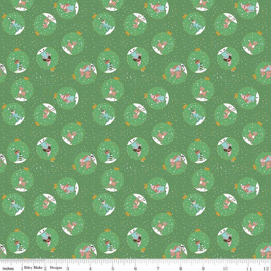 Image of Claus & Co. Ornaments Green quilting cotton fabric by Melissa Mortenson for Riley Blake Designs. Features ornaments on a green background. Cute Little Fabric Shop.