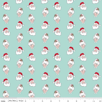 Image of Claus & Co. Santa Heads Blue quilting cotton fabric by Melissa Mortenson for Riley Blake Designs. Features santa heads on a blue background. Cute Little Fabric Shop.
