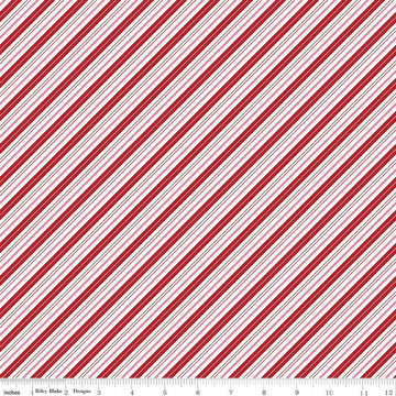 Image of Claus & Co. Candy Cane Stripes Red quilting cotton fabric by Melissa Mortenson for Riley Blake Designs. Features stripes on a red background. Cute Little Fabric Shop.