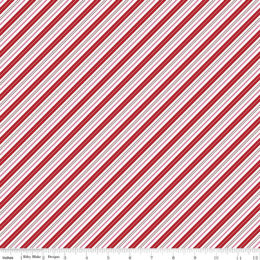 Image of Claus & Co. Candy Cane Stripes Red quilting cotton fabric by Melissa Mortenson for Riley Blake Designs. Features stripes on a red background. Cute Little Fabric Shop.