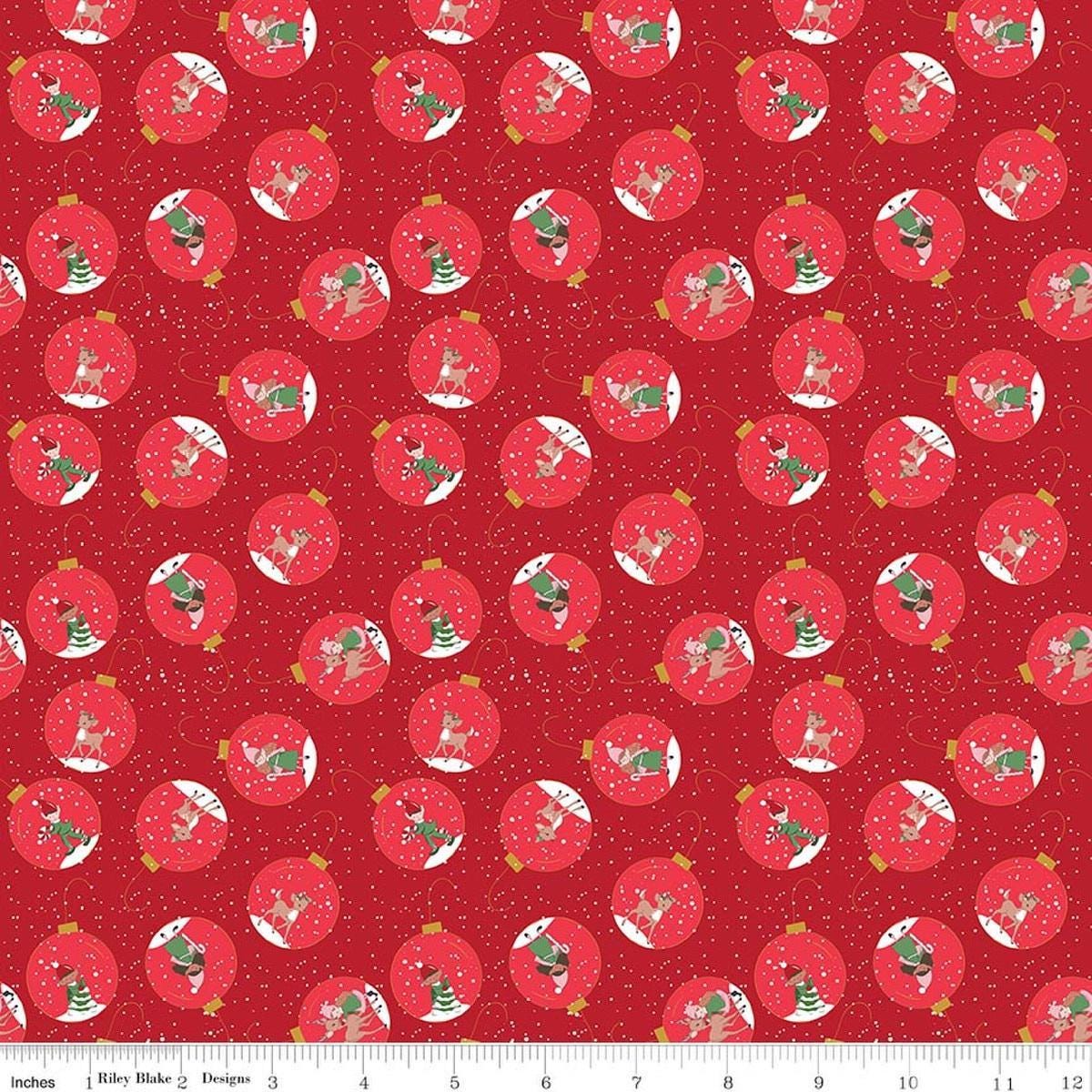 Image of Claus & Co. Ornaments Red quilting cotton fabric by Melissa Mortenson for Riley Blake Designs. Features ornaments on a red background. Cute Little Fabric Shop.