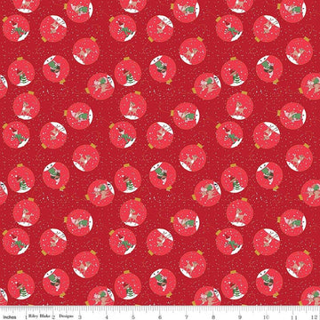 Image of Claus & Co. Ornaments Red quilting cotton fabric by Melissa Mortenson for Riley Blake Designs. Features ornaments on a red background. Cute Little Fabric Shop.