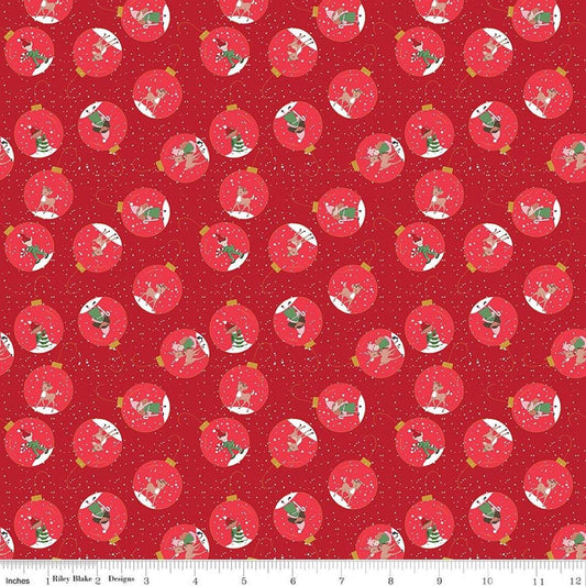 Image of Claus & Co. Ornaments Red quilting cotton fabric by Melissa Mortenson for Riley Blake Designs. Features ornaments on a red background. Cute Little Fabric Shop.