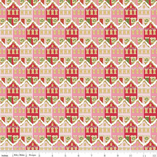 Image of Claus & Co. Christmas Houses Red Sparkle quilting cotton fabric by Melissa Mortenson for Riley Blake Designs. Features houses on a red background. Cute Little Fabric Shop.