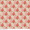 Image of Claus & Co. Christmas Houses Red Sparkle quilting cotton fabric by Melissa Mortenson for Riley Blake Designs. Features houses on a red background. Cute Little Fabric Shop.