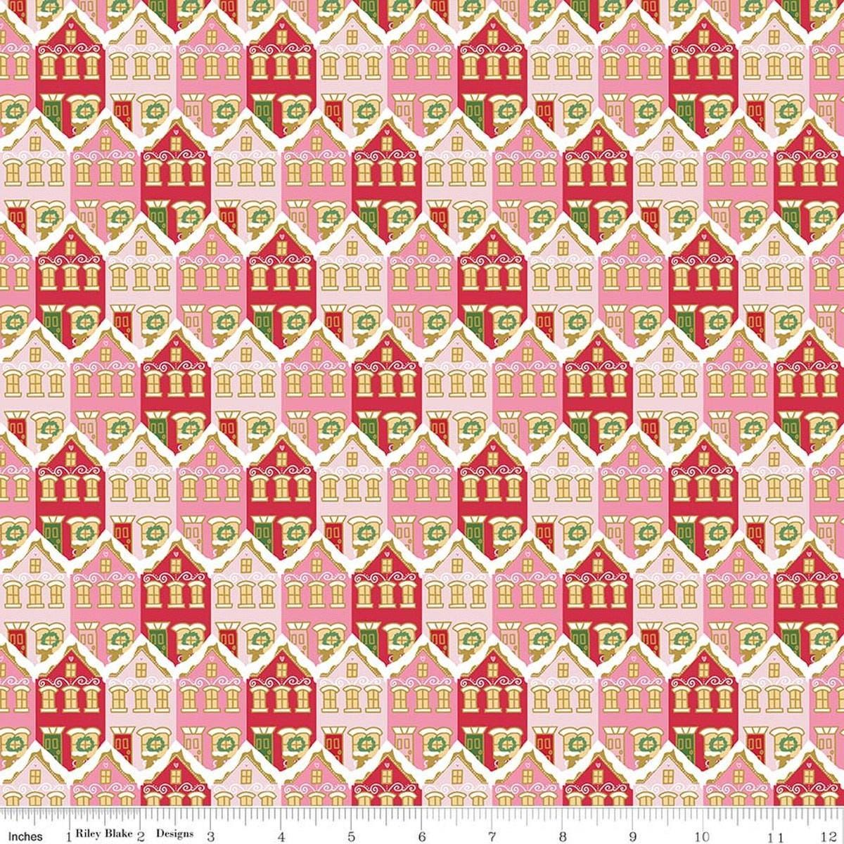 Image of Claus & Co. Christmas Houses Red Sparkle quilting cotton fabric by Melissa Mortenson for Riley Blake Designs. Features houses on a red background. Cute Little Fabric Shop.